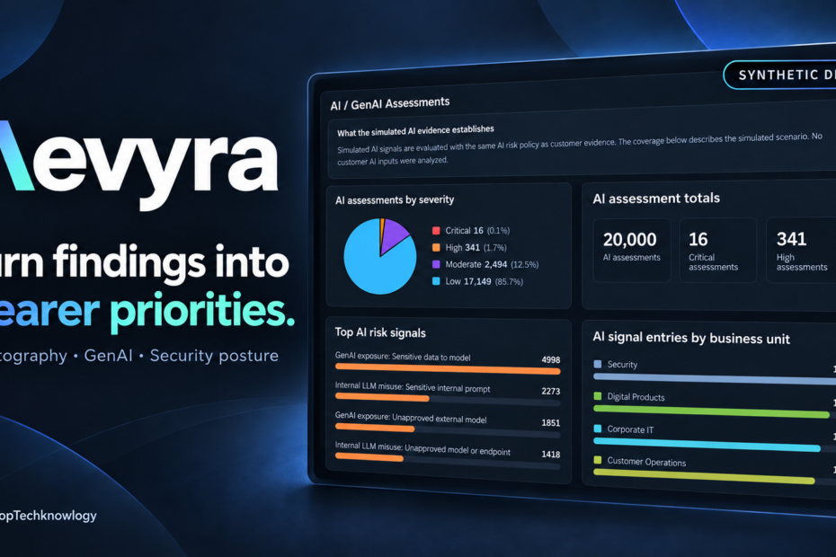 Aevyra featured banner showing synthetic GenAI assessment charts, risk signals, and security findings.